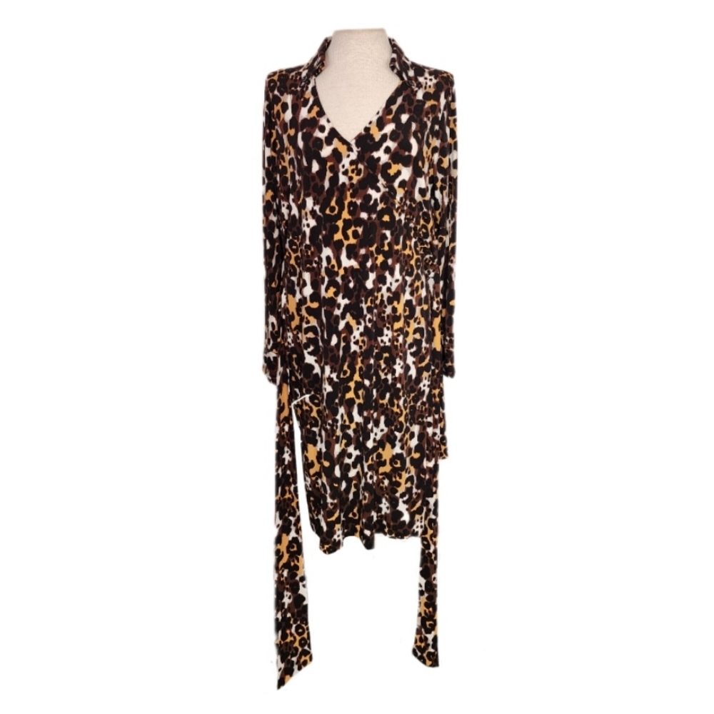 Dennis Basso Dress Leapard Print Faux Wrap Stretchy Long Sleeve V-Neck G… - Picture 4 of 12